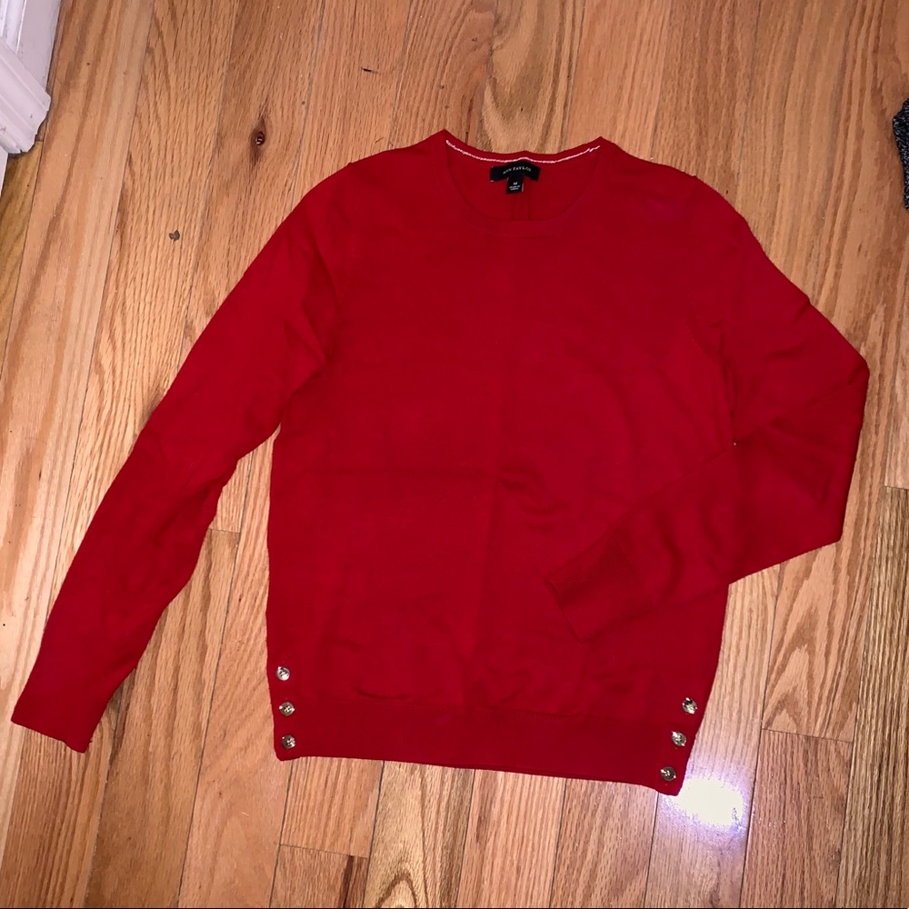 Festive Red Sweater, gold button detailing.